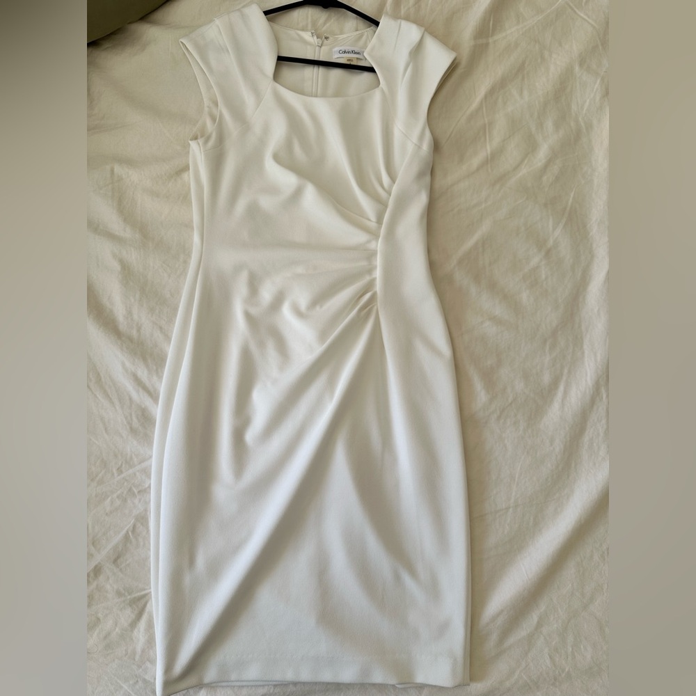 Brand New Calvin Klein White Ruched Sheath Midi Dress
